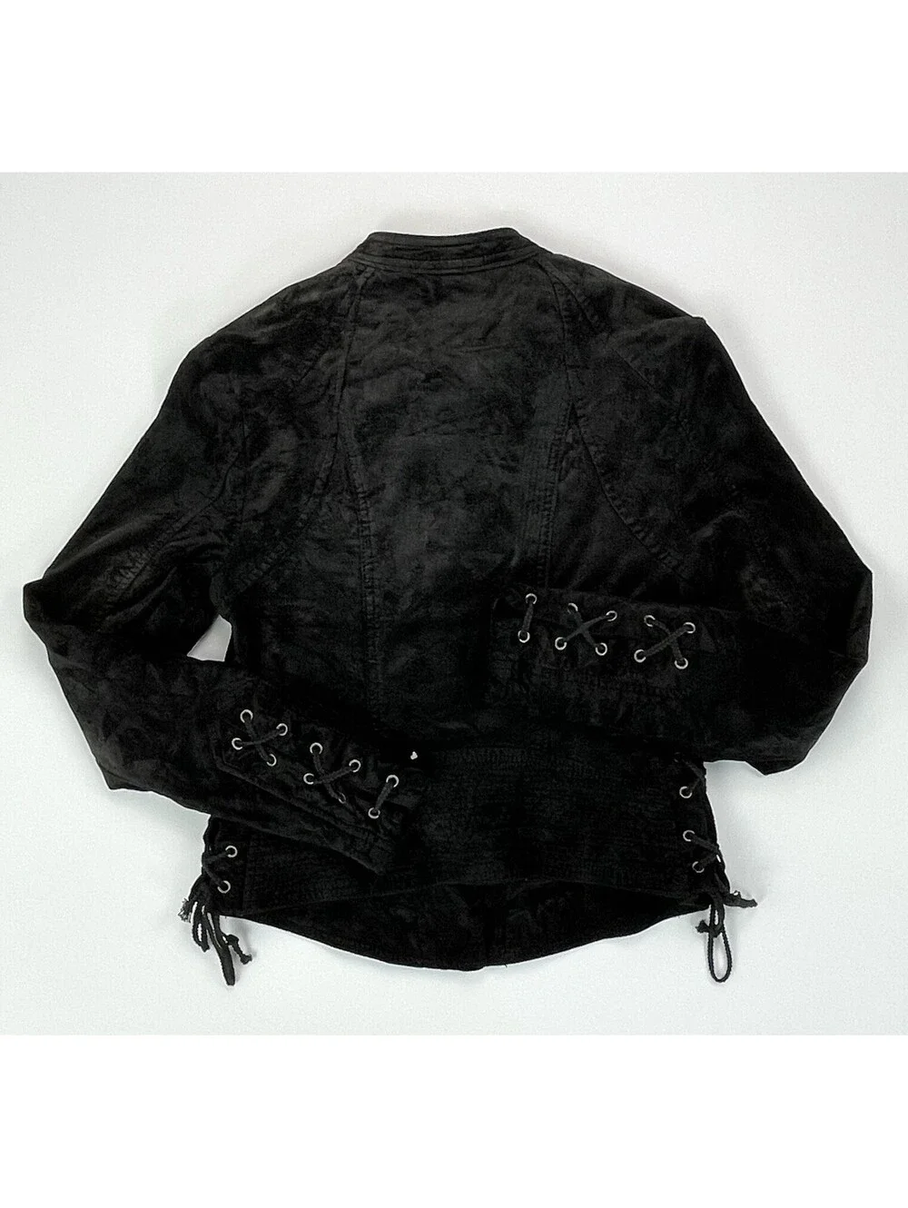 FREE PEOPLE Black Lacey Velvet Moto Jacket Lace Up Sleeve Corset Biker XS